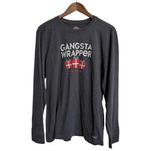 Life Is Good Crusher‎ T-shirt men's medium gray holiday festive Gangsta Wrapper